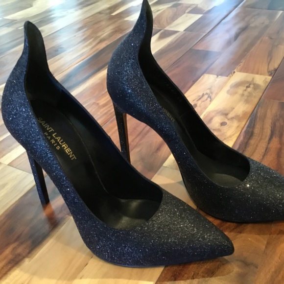 GORGEOUS SAINT LAURENT GLITTER CREPE EVENING 5” HEELS W/ HIGH BACK SZ IT 40 - Picture 2 of 10